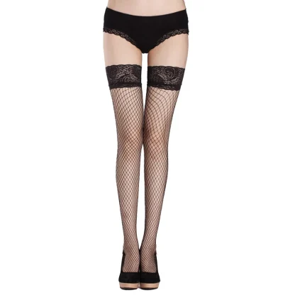 Fishnet Lace Trim Black Thigh-high
