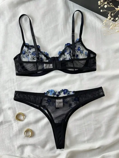 Embroidered Floral Mesh Lingerie Set - Image 3