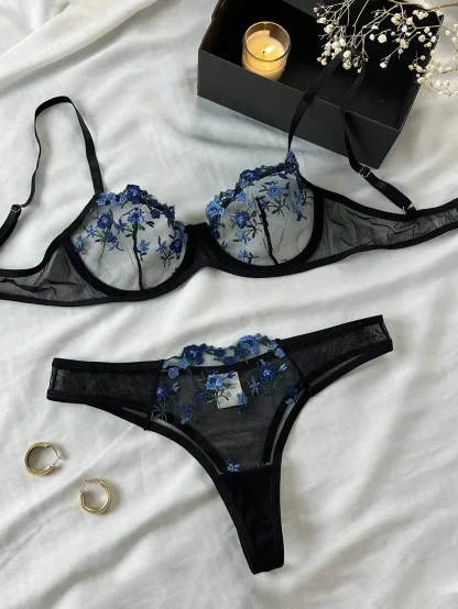 Embroidered Floral Mesh Lingerie Set
