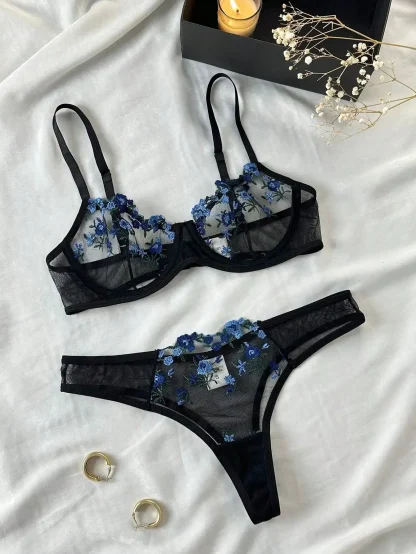 Embroidered Floral Mesh Lingerie Set - Image 4